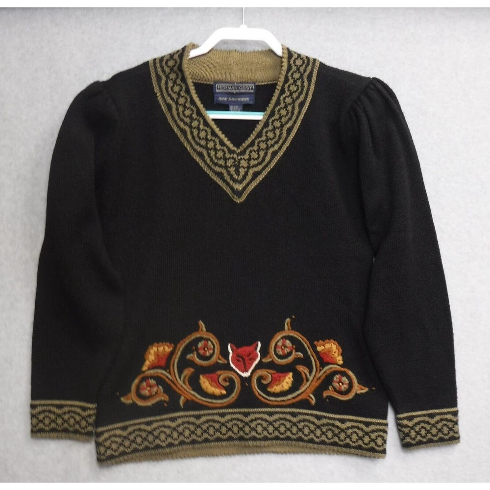 Woman's Herman Geist Hand Embroidered Wool Acrylic Fox V-neck Pullover Sweater L